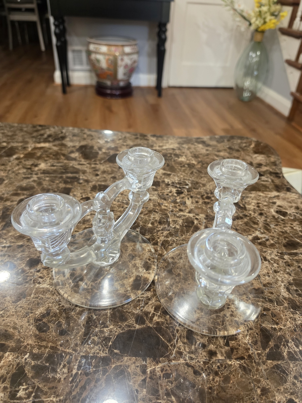 Source Unknown Clear Glass Double Arm Candle Holders